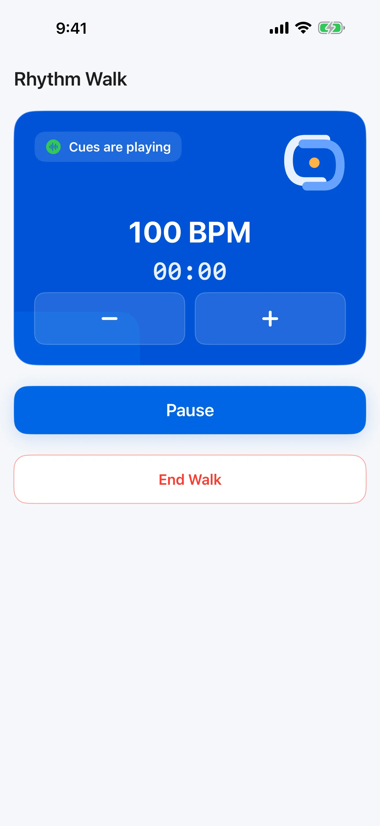 Active ReSync Rhythm Walk screen with tempo, timer, pause, and end controls.