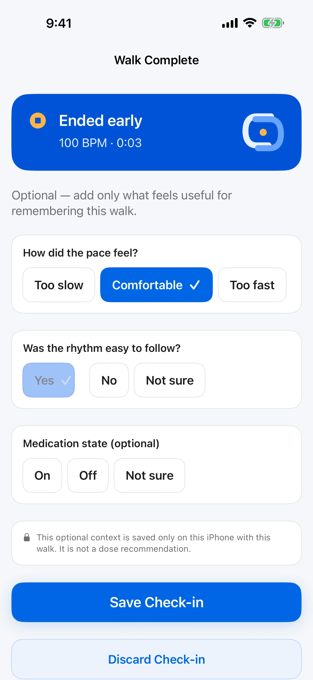 ReSync optional check-in screen with pace, rhythm, and medication-context choices.
