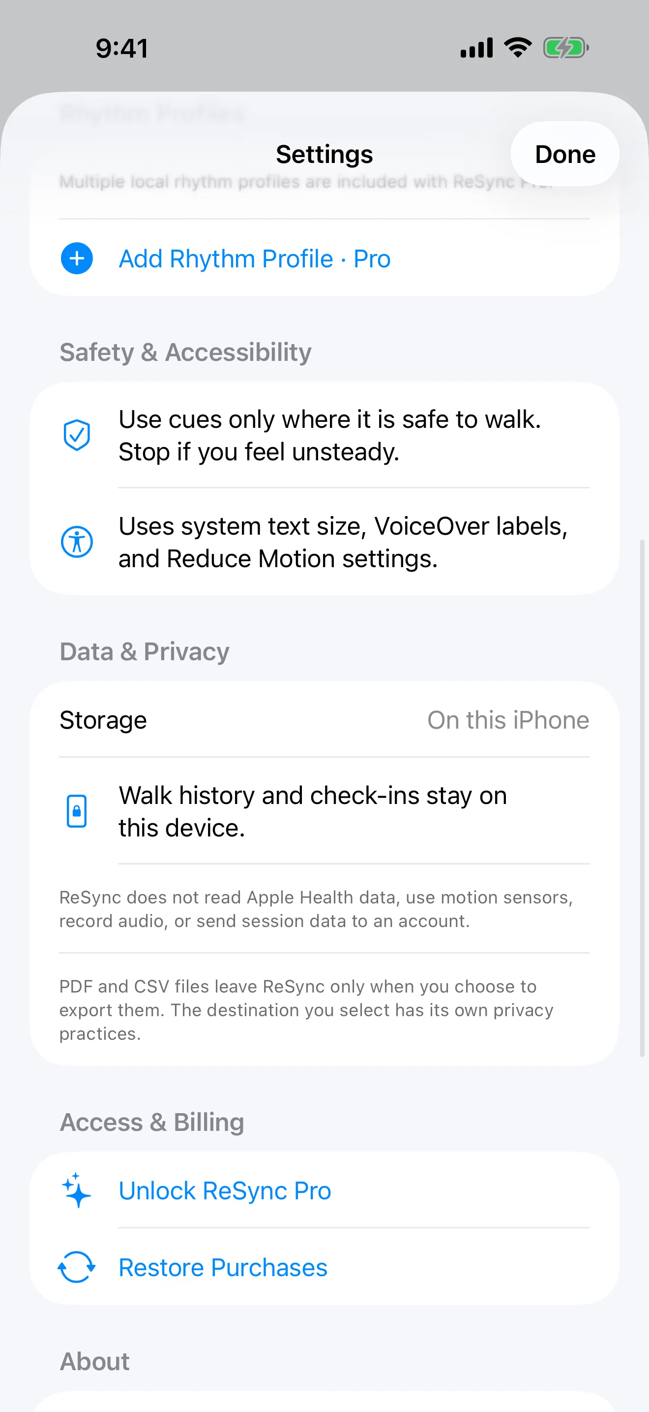 ReSync Settings screen with privacy and purchase controls